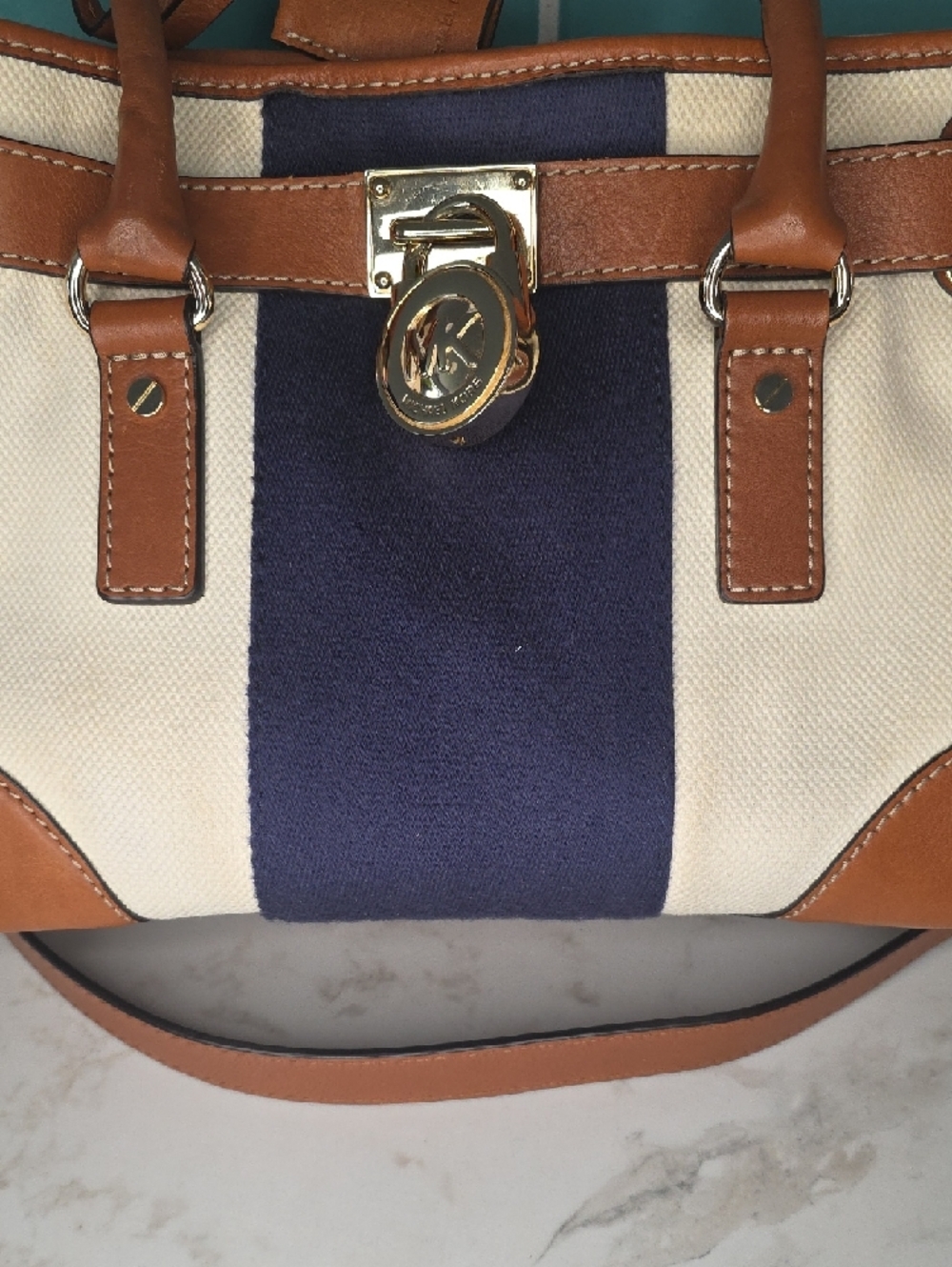Michael Kors Hamilton MonoNavy and Tan Stripe Canvas Tote with Gold Hardware - Picture 4 of 14